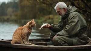 Pêcheur chat et poisson