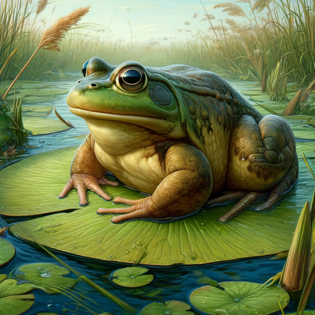 A bullfrog in its natural habitat. The bullfrog has a large, robust body with smooth, greenish-brown skin. It has powerful hind legs and prominent, bulging eyes. The bullfrog is depicted sitting on a lily pad in a freshwater pond, surrounded by tall grasses and aquatic plants. The water is calm and clear, showcasing a typical wetland environment where bullfrogs are commonly found.