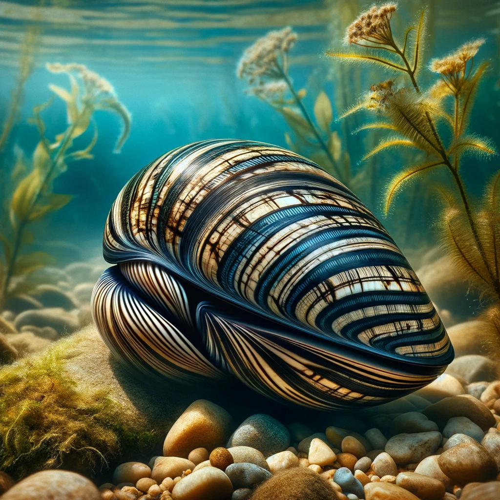 A zebra mussel in its natural habitat. The zebra mussel has a distinct shell with alternating dark and light bands, giving it a striped appearance. The mussel is attached to a rock underwater in a freshwater environment, surrounded by aquatic plants and other small organisms. The water is clear, showcasing the mussel's typical river or lake habitat.