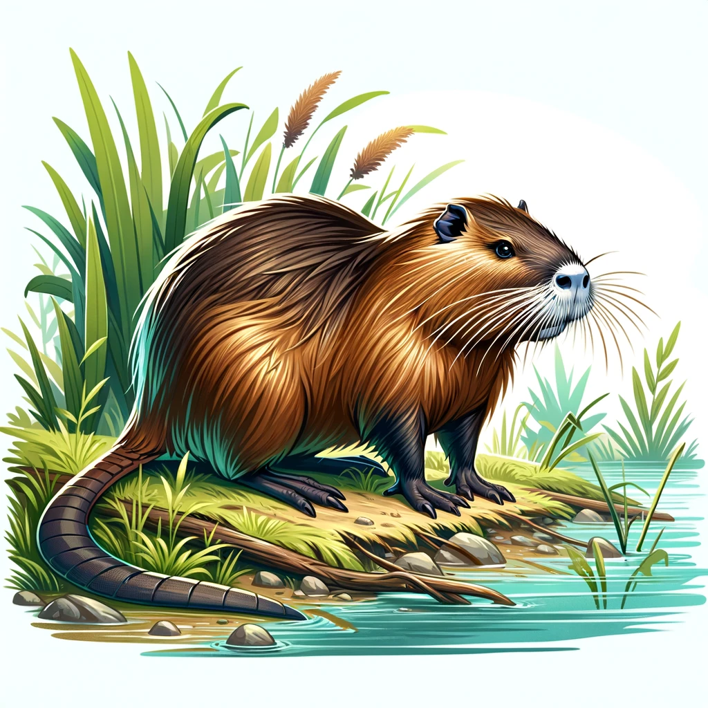 A nutria (coypu) in its natural habitat. The nutria has a large, robust body covered with coarse, brown fur. It has a long, cylindrical tail and webbed hind feet. The nutria is depicted near a freshwater marsh or riverbank, surrounded by tall grasses and aquatic plants. The scene is bright and natural, showcasing the wetland environment typical for nutria.